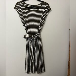 Talbots, olive green Chirping Stripe Belted Knit Nautical Shift Dress, Size M